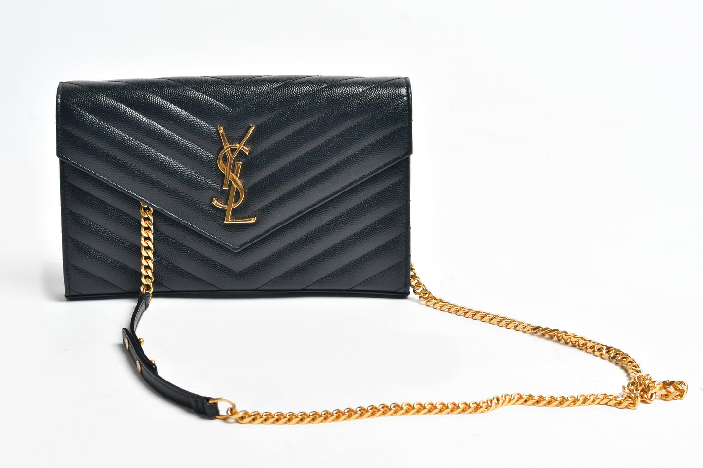 Saint Laurent -Monogram Large Grain de Poudre Calfskin Wallet on Chain