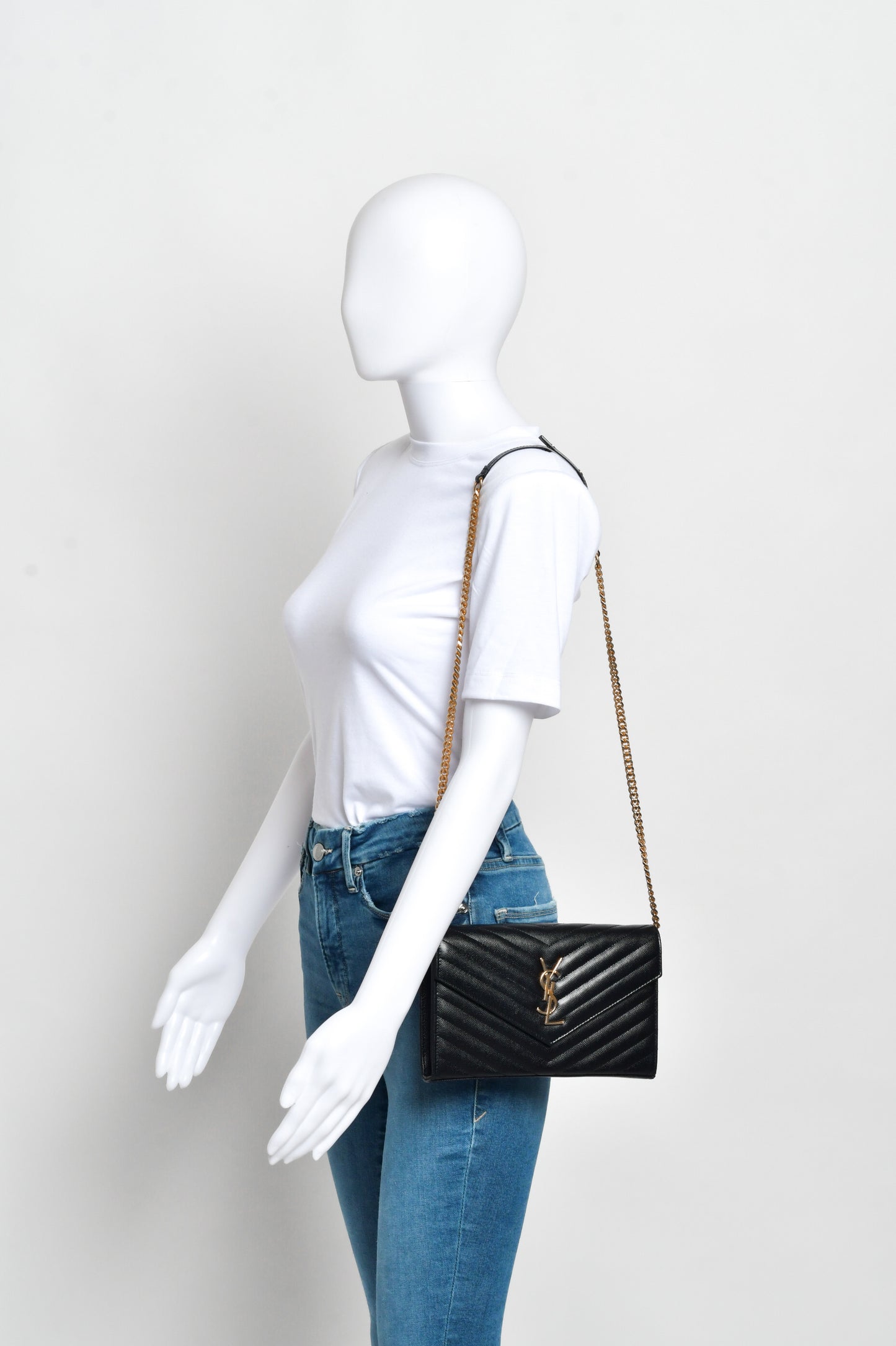 Saint Laurent -Monogram Large Grain de Poudre Calfskin Wallet on Chain