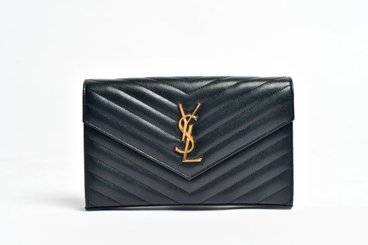 Saint Laurent -Monogram Large Grain de Poudre Calfskin Wallet on Chain