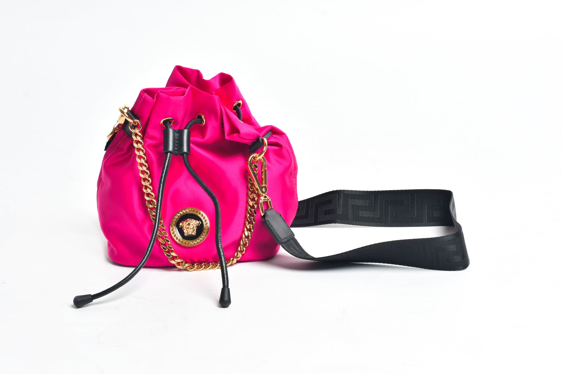 VERSACE Nylon Tribute Chain Crossbody Shoulder Bag Dark Pink Black